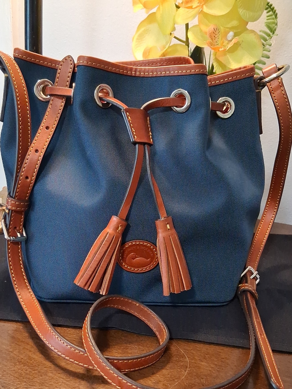 Dooney & Bourke Navy Blue Canvas Crossbody with Brown Leather Trim